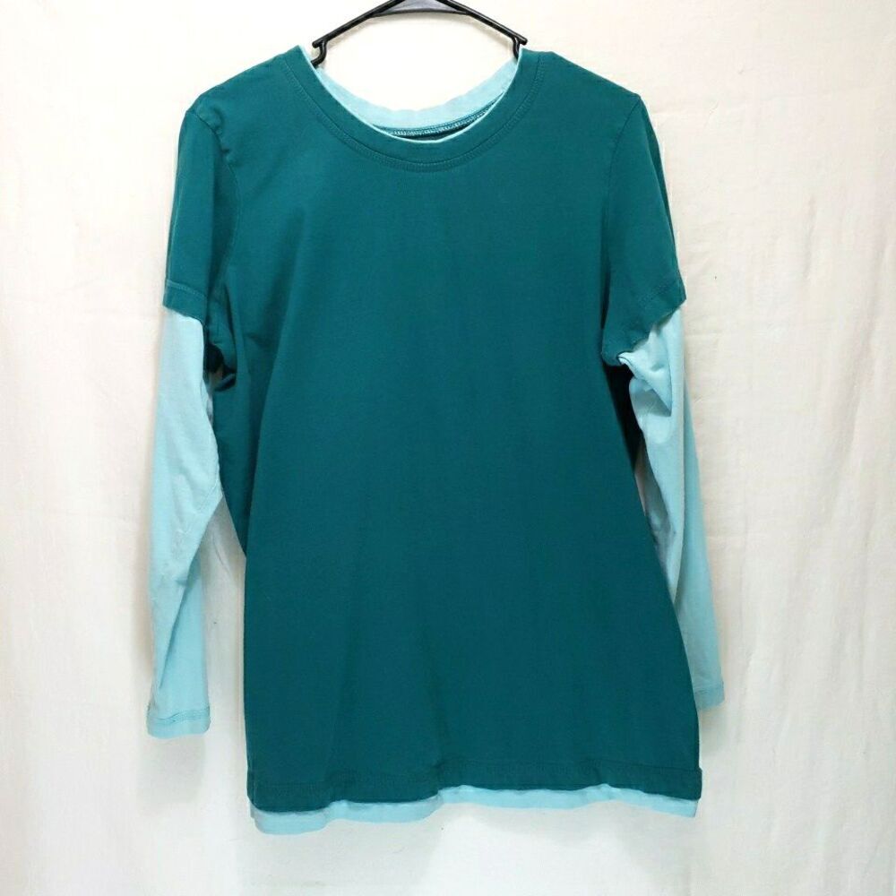 Woman Within Shirt Large L Green Cotton Layered Look Long Sleeve Crew Neck Top